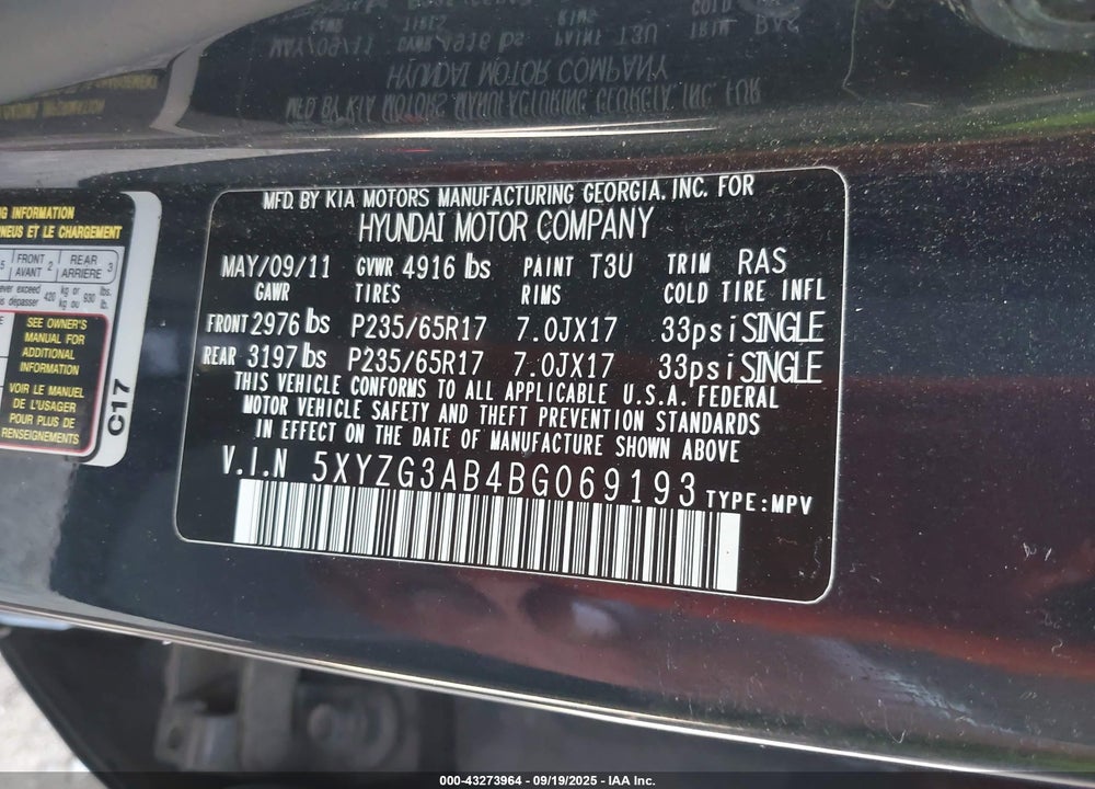 2011 HYUNDAI SANTA FE GLS VIN: 5XYZG3AB4BG069193