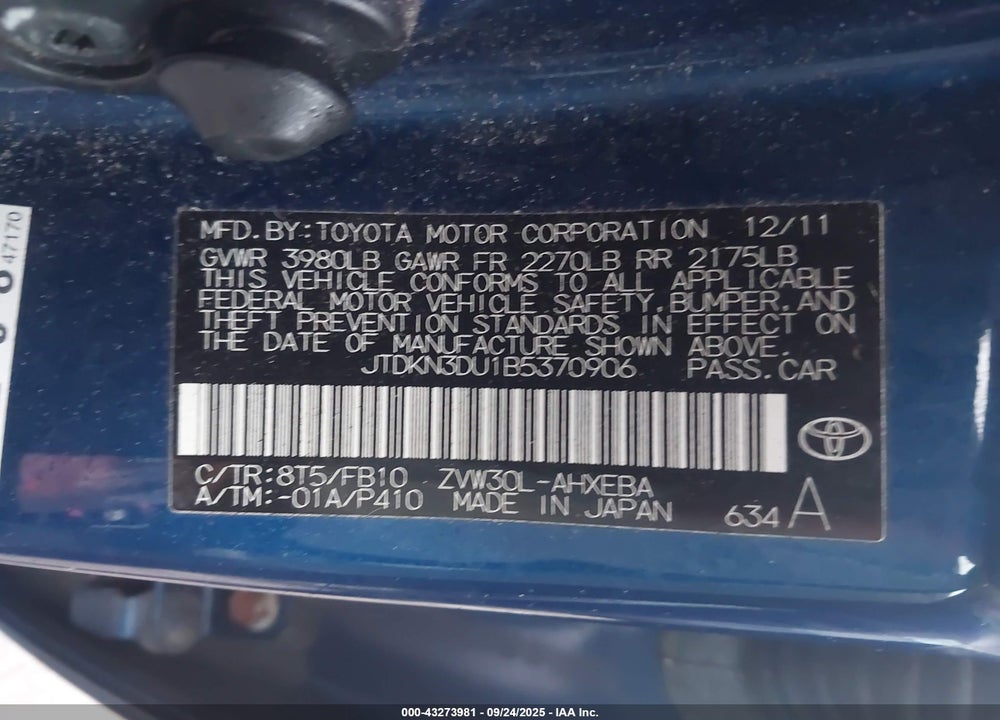 2011 TOYOTA PRIUS VIN: JTDKN3DU1B5370906