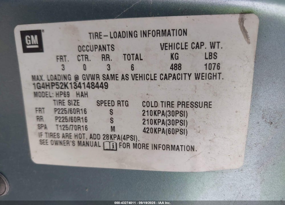 2003 BUICK LESABRE CUSTOM VIN: 1G4HP52K134148449