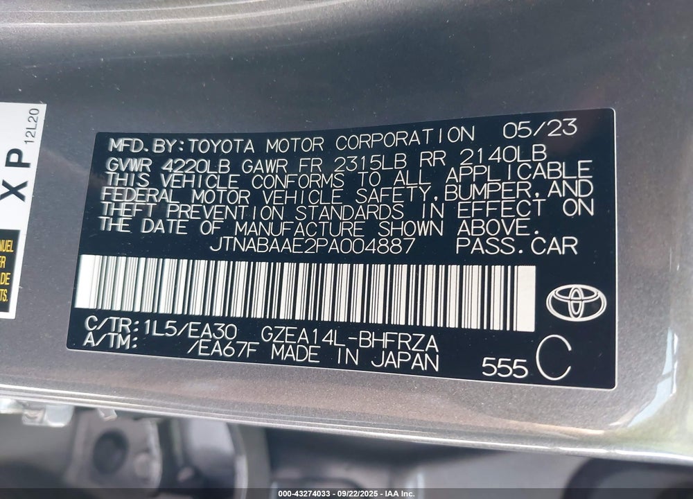 2023 TOYOTA GR COROLLA VIN: JTNABAAE2PA004887