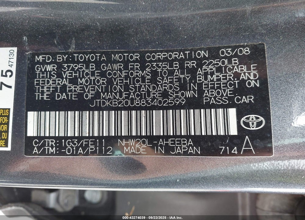 2008 TOYOTA PRIUS VIN: JTDKB20U883402599