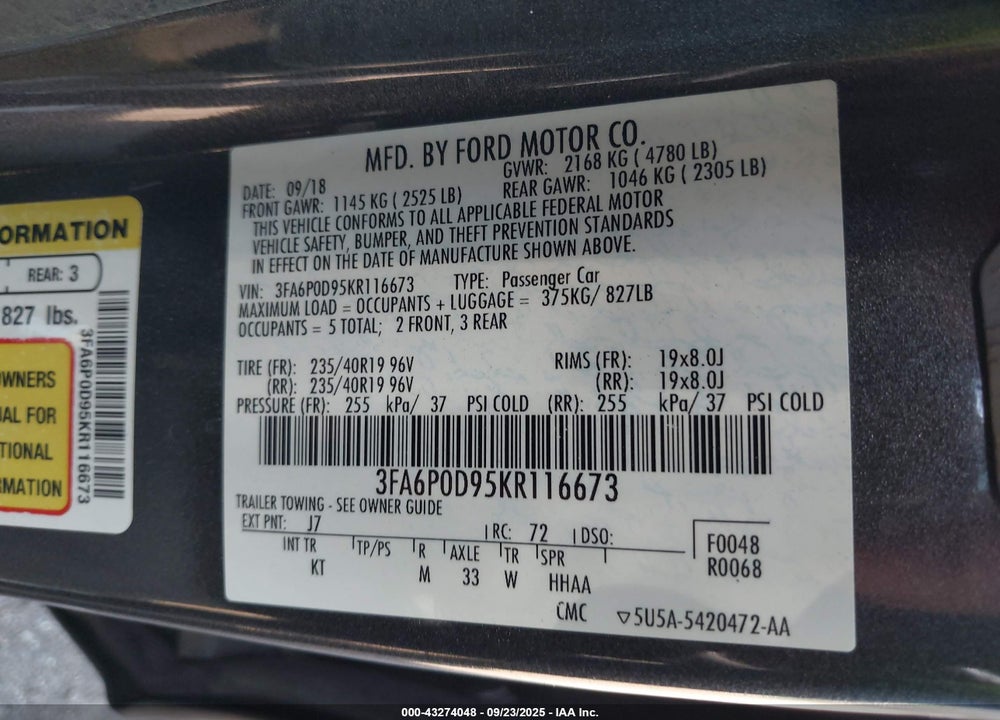 2019 FORD FUSION VIN: 3FA6P0D95KR116673