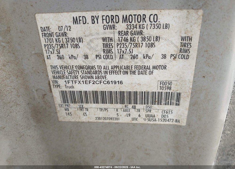 2012 FORD F-150 VIN: 1FTFX1EF2CFC61916