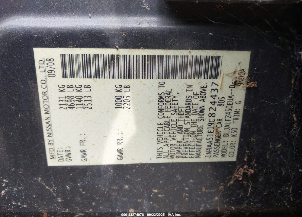 2009 NISSAN MAXIMA VIN: 1N4AA51E19C824437