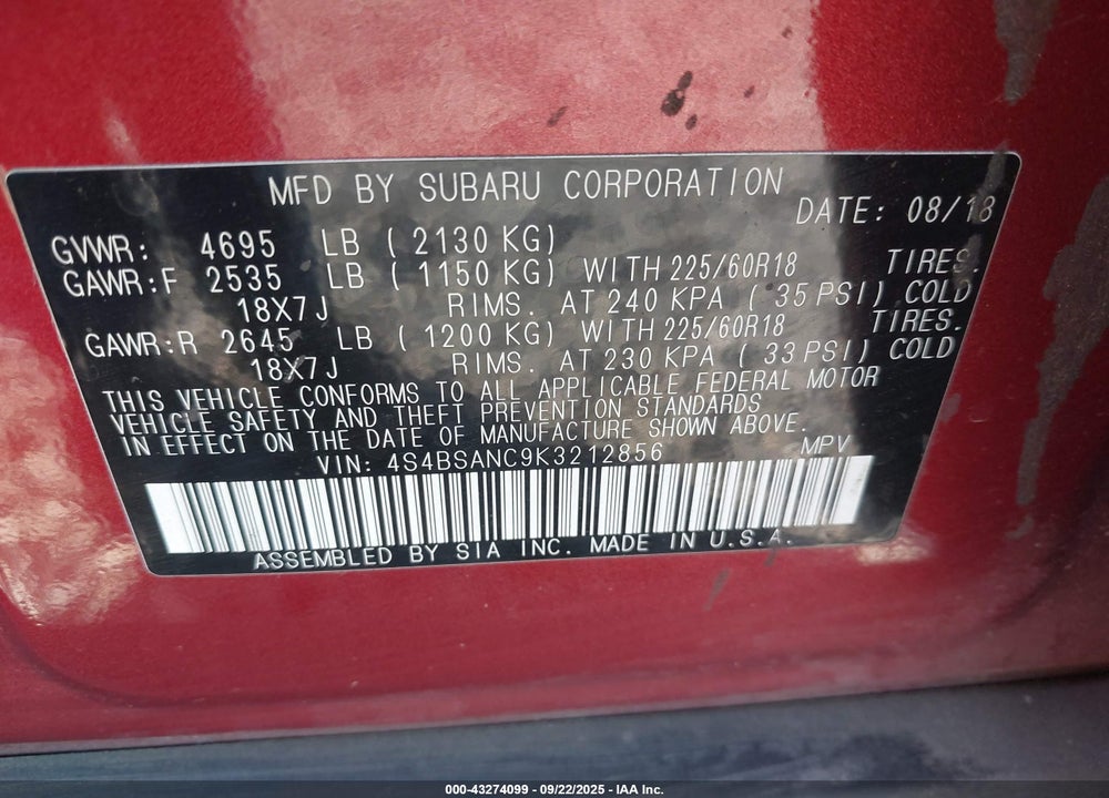 2019 SUBARU OUTBACK VIN: 4S4BSANC9K3212856