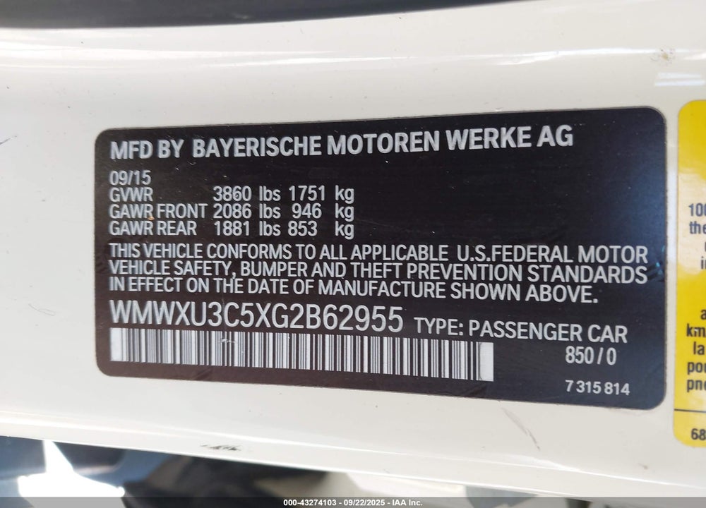 2016 MINI HARDTOP VIN: WMWXU3C5XG2B62955