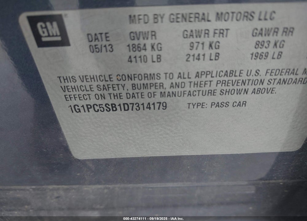 2013 CHEVROLET CRUZE VIN: 1G1PC5SB1D7314179