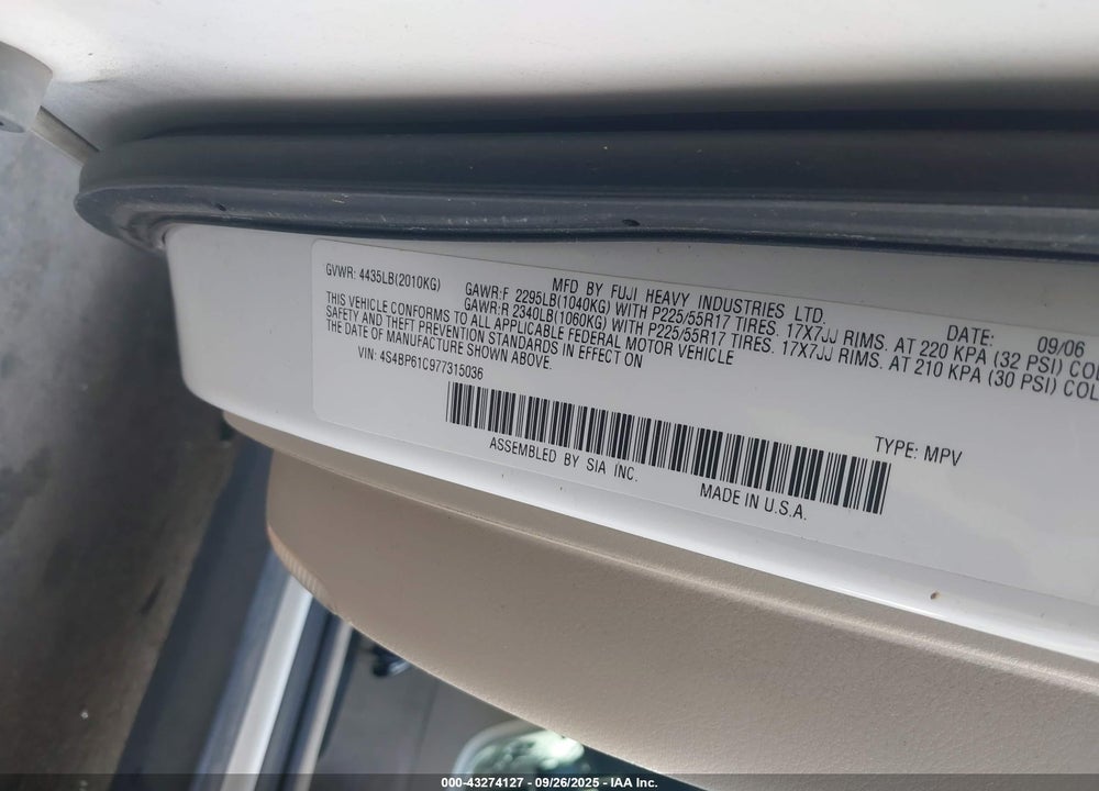 2007 SUBARU OUTBACK 2.5I VIN: 4S4BP61C977315036