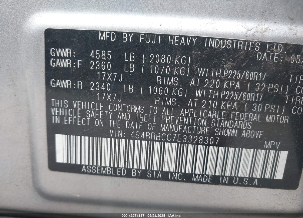 2014 SUBARU OUTBACK VIN: 4S4BRBCC7E3328307
