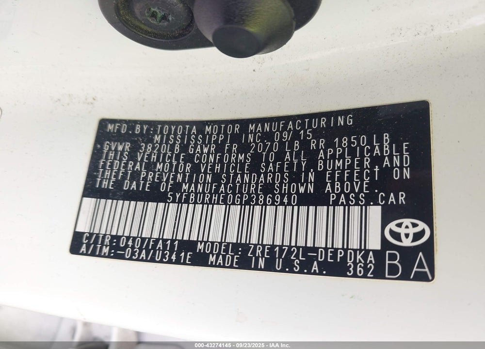 2016 TOYOTA COROLLA L VIN: 5YFBURHE0GP386940