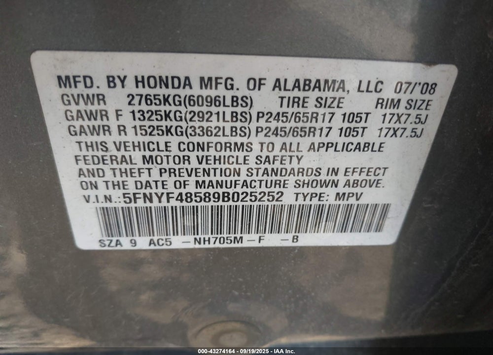 2009 HONDA PILOT VIN: 5FNYF48589B025252