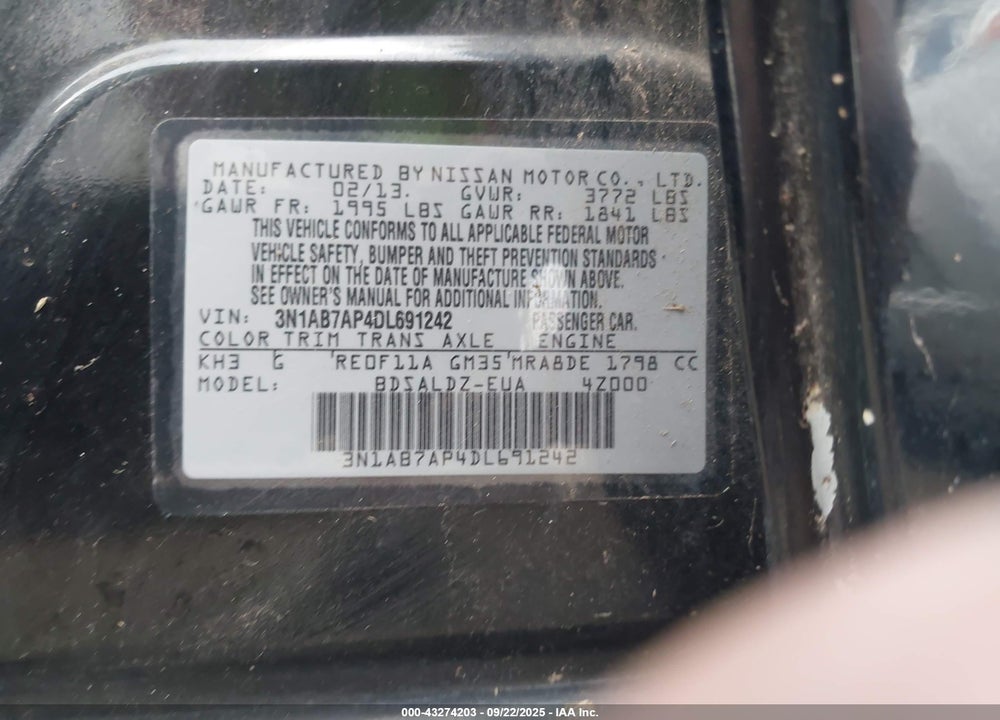 2013 NISSAN SENTRA SV VIN: 3N1AB7AP4DL691242