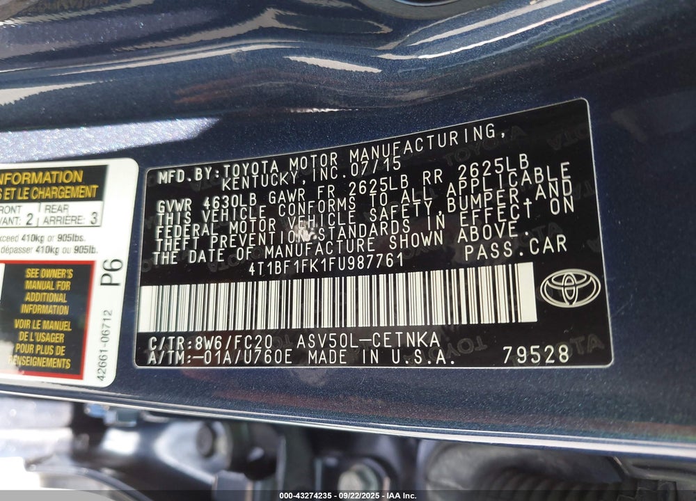 2015 TOYOTA CAMRY LE VIN: 4T1BF1FK1FU987761