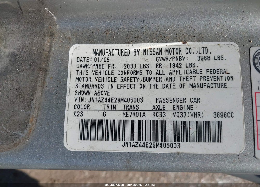 2009 NISSAN 370Z VIN: JN1AZ44E29M405003