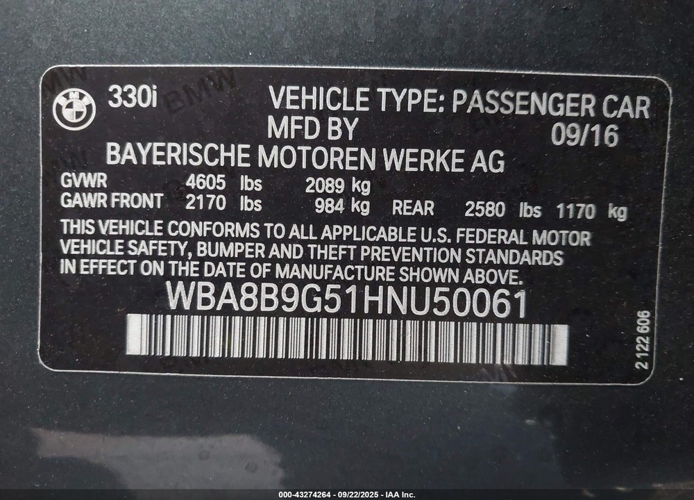 2017 BMW 330I VIN: WBA8B9G51HNU50061