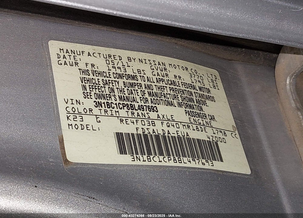 2011 NISSAN VERSA VIN: 3N1BC1CP8BL497693