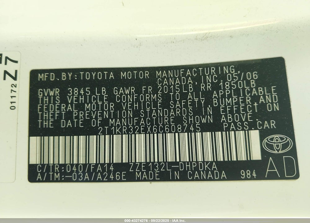2006 TOYOTA MATRIX VIN: 2T1KR32EX6C608745