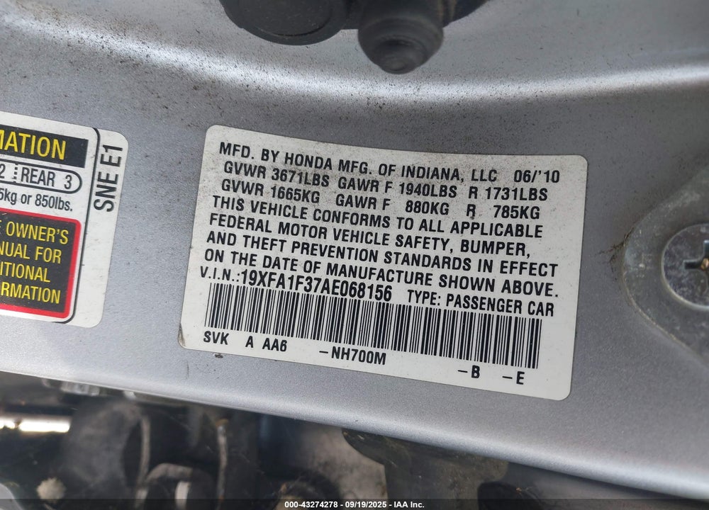 2010 HONDA CIVIC VP VIN: 19XFA1F37AE068156