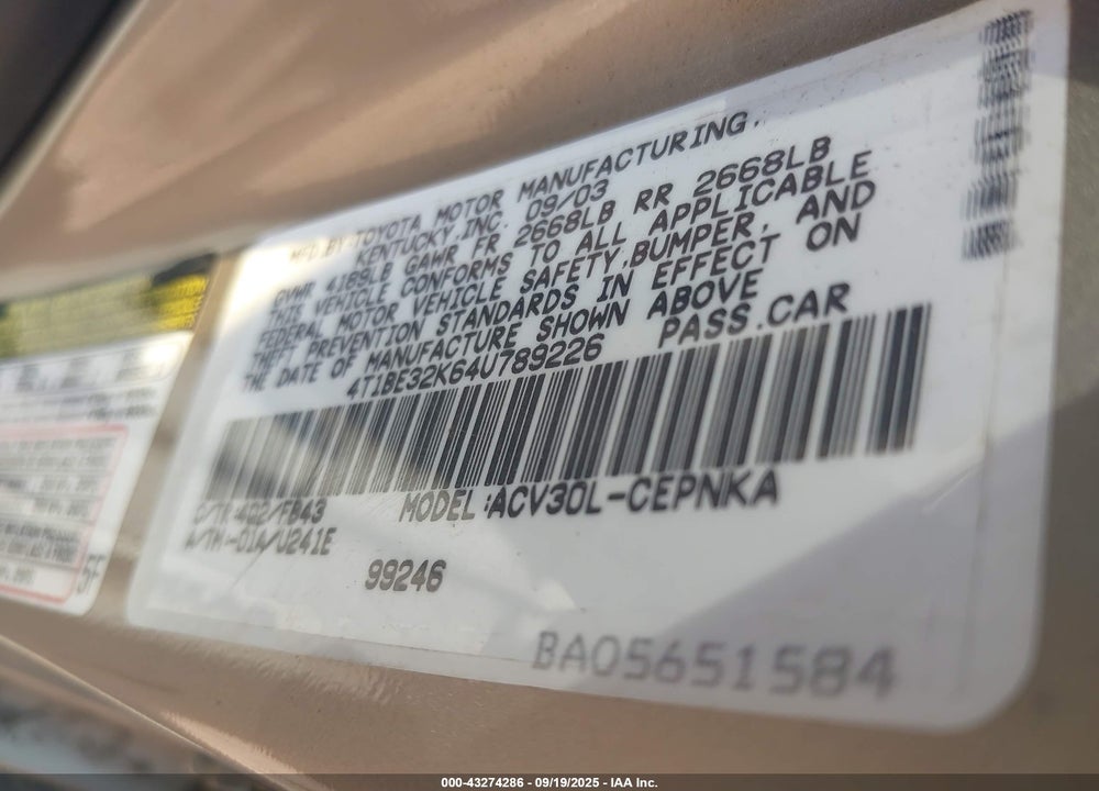 2004 TOYOTA CAMRY LE VIN: 4T1BE32K64U789226