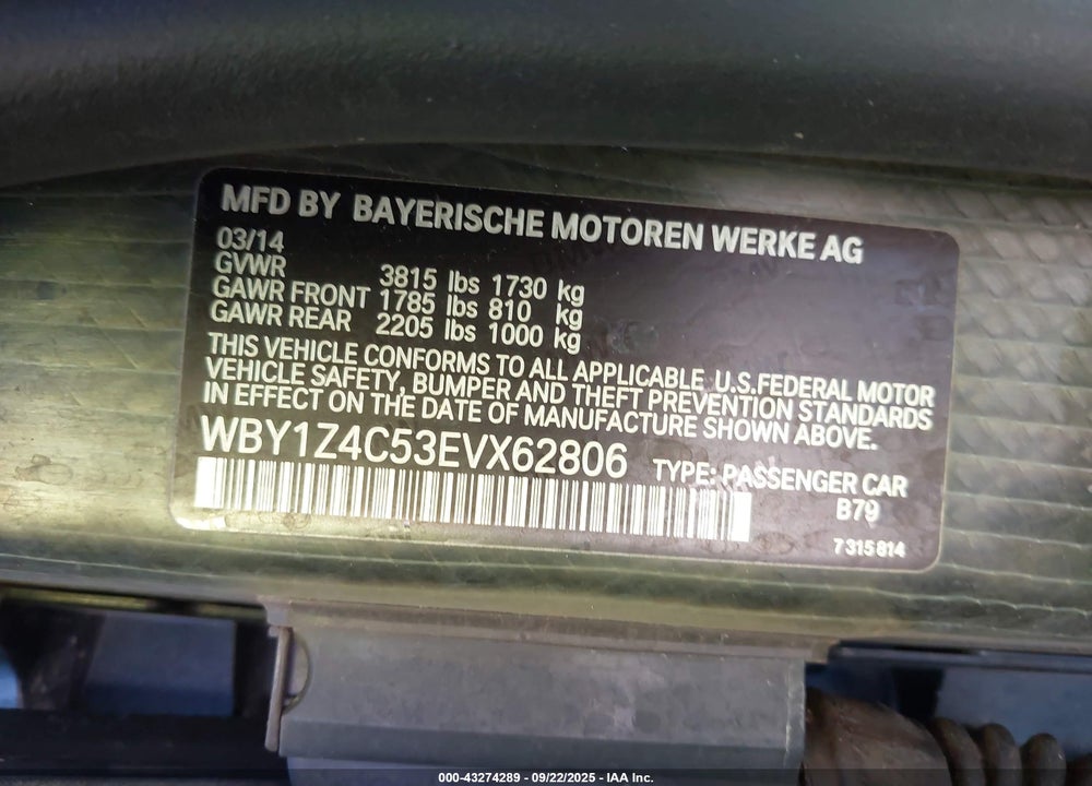 2014 BMW I3 BASE W/RANGE EXTENDER VIN: WBY1Z4C53EVX62806