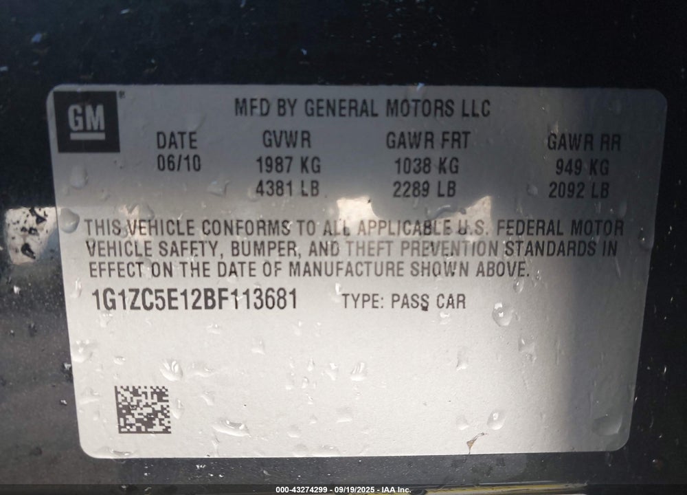 2011 CHEVROLET MALIBU VIN: 1G1ZC5E12BF113681