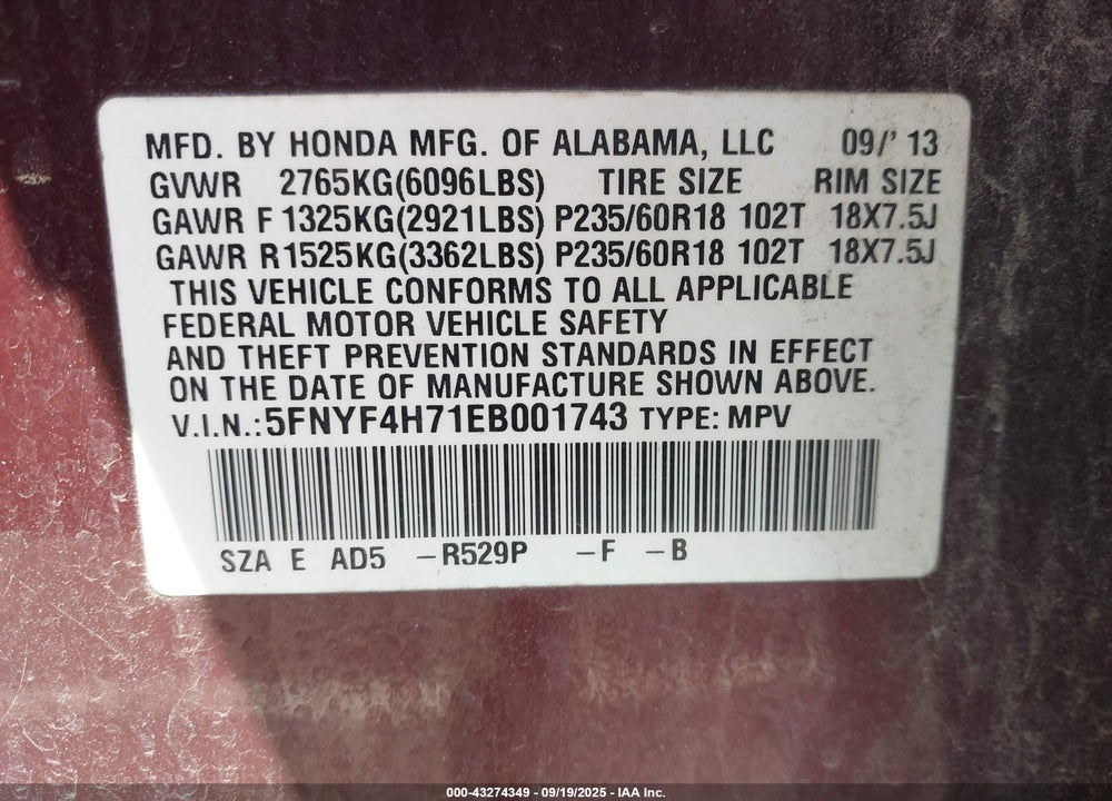 2014 HONDA PILOT EX-L VIN: 5FNYF4H71EB001743