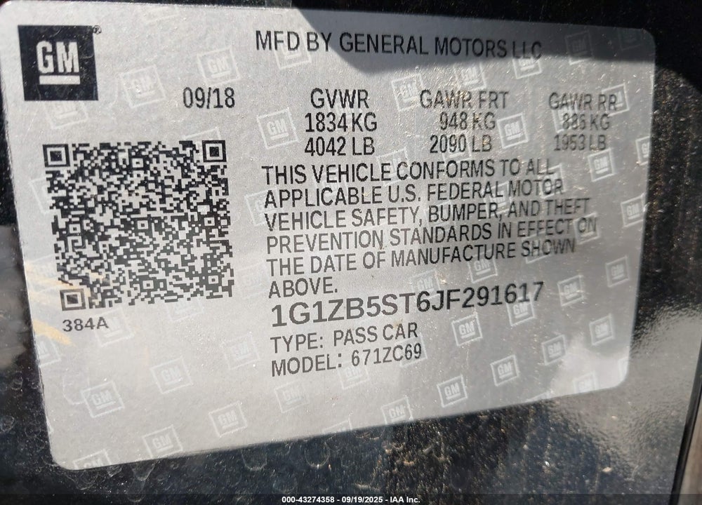 2018 CHEVROLET MALIBU VIN: 1G1ZB5ST6JF291617