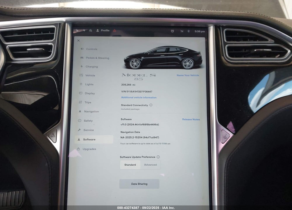 2014 TESLA MODEL S VIN: 5YJSA1H13EFP36447