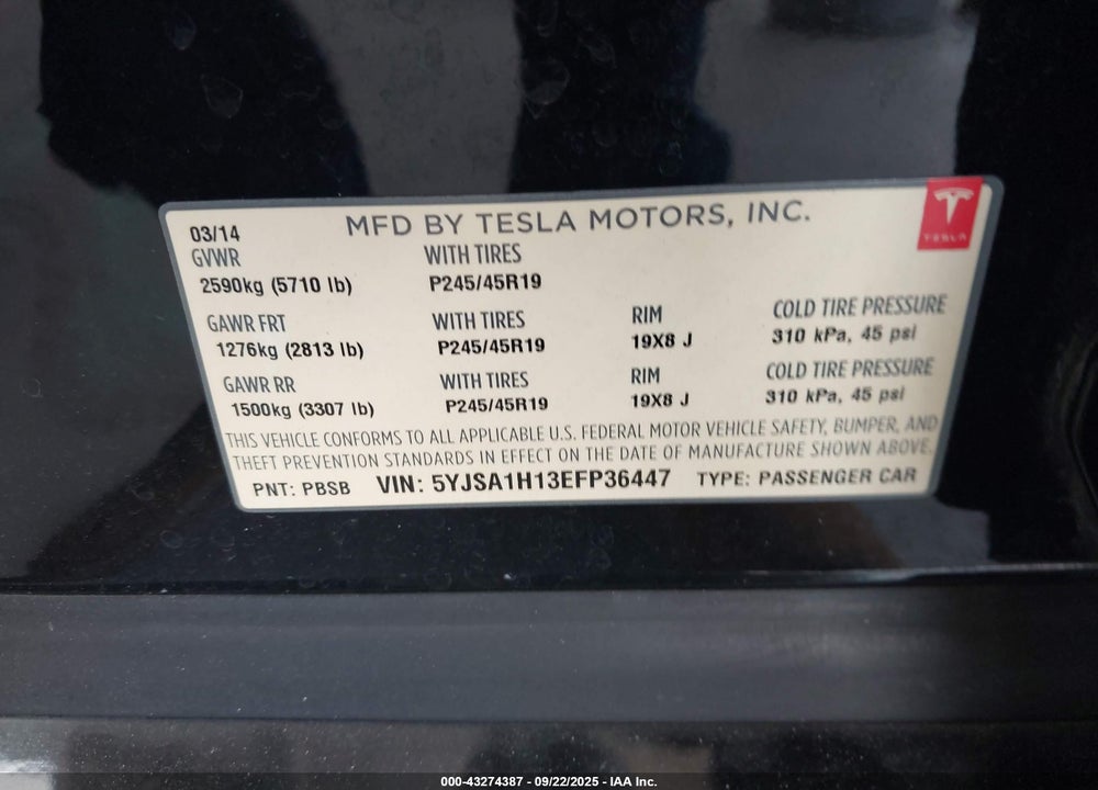 2014 TESLA MODEL S VIN: 5YJSA1H13EFP36447