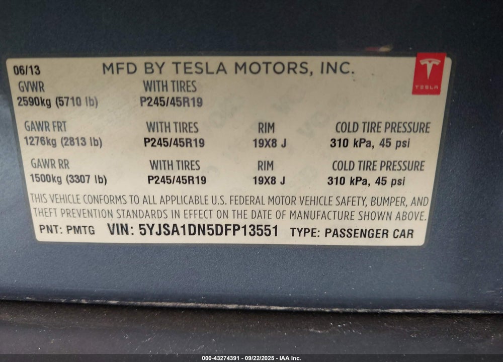 2013 TESLA MODEL S VIN: 5YJSA1DN5DFP13551