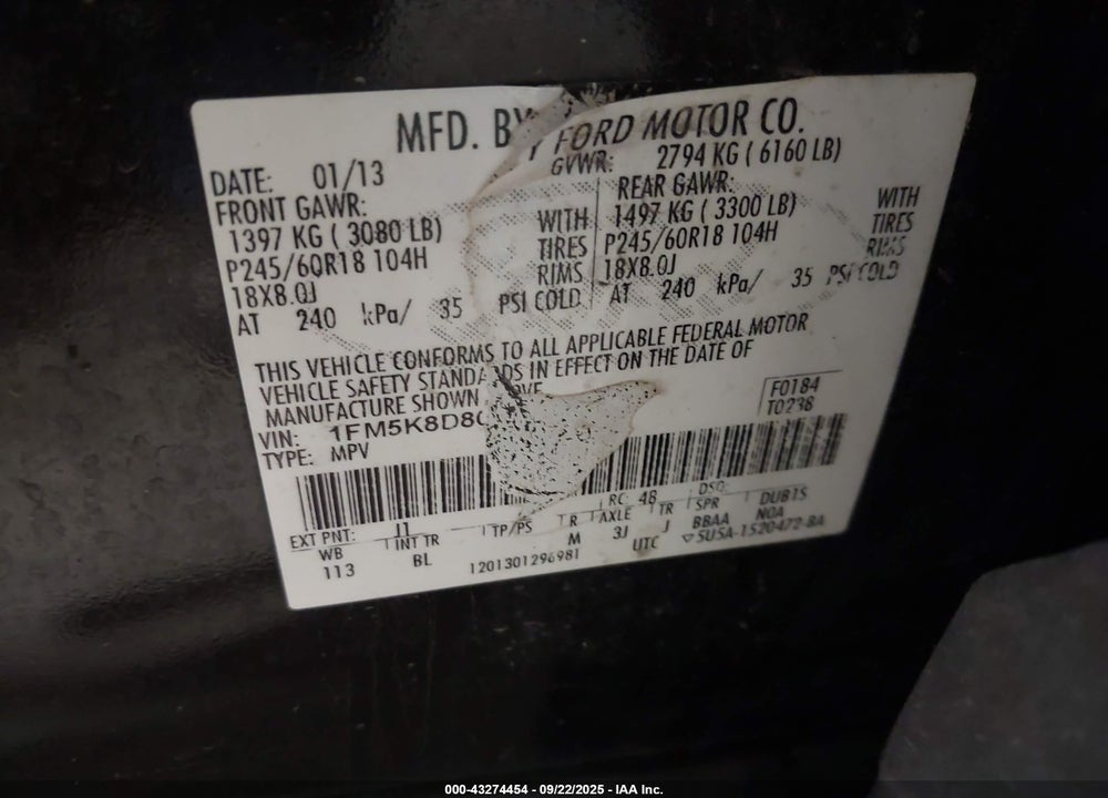 2013 FORD EXPLORER VIN: 1FM5K8D80DGC14381