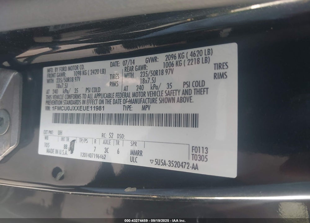 2014 FORD ESCAPE TITANIUM VIN: 1FMCU0JXXEUE11981