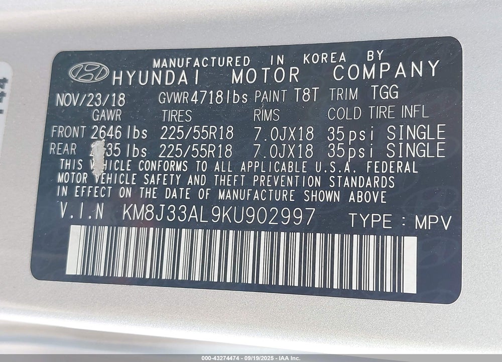2019 HYUNDAI TUCSON SEL VIN: KM8J33AL9KU902997