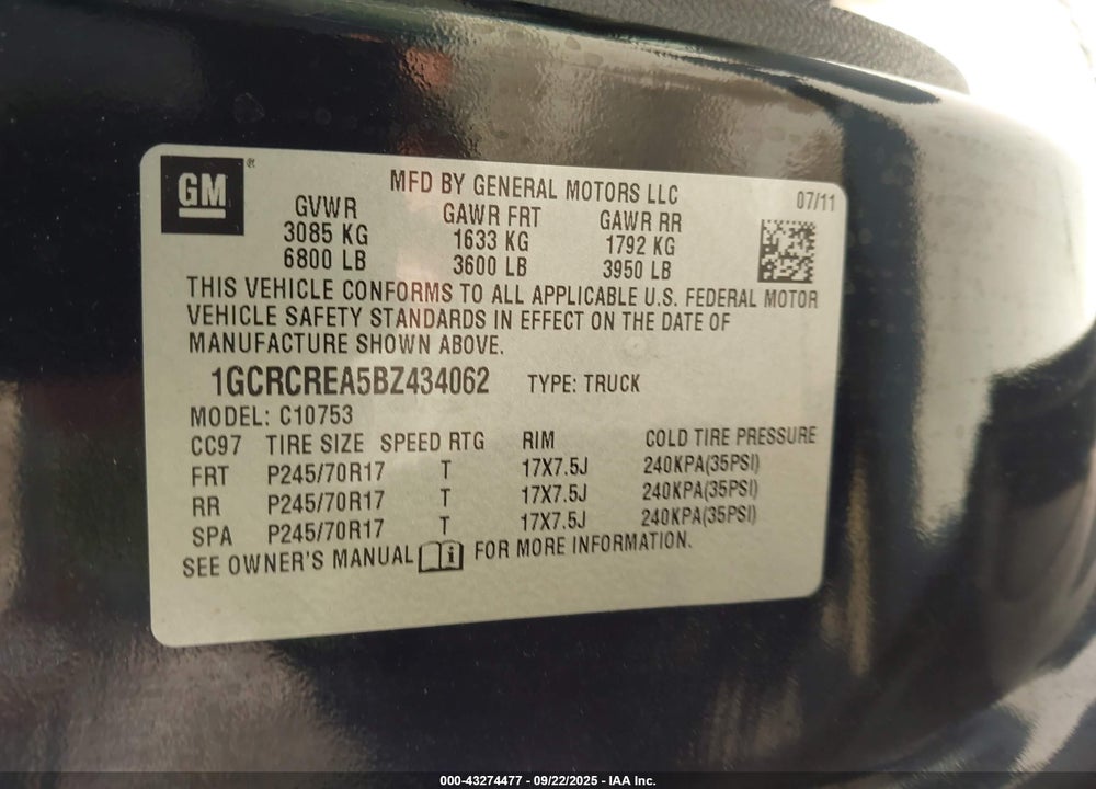 2011 CHEVROLET SILVERADO 1500 LS VIN: 1GCRCREA5BZ434062