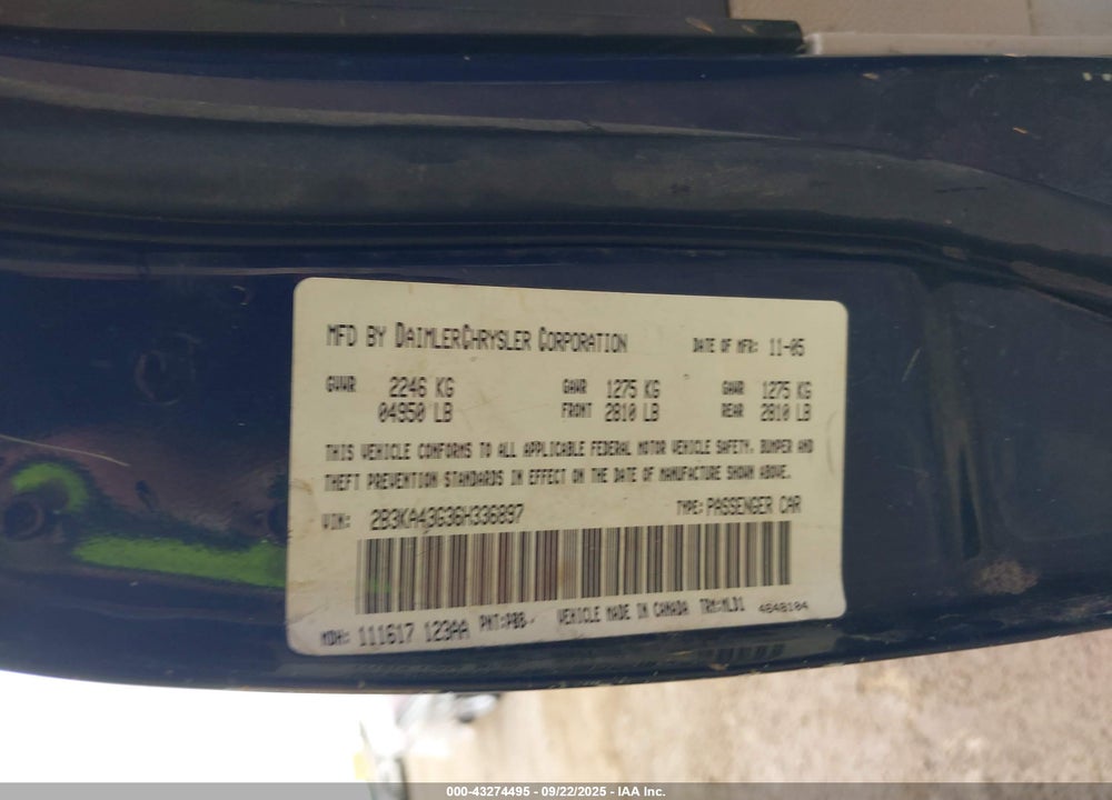2006 DODGE CHARGER VIN: 2B3KA43G36H336897