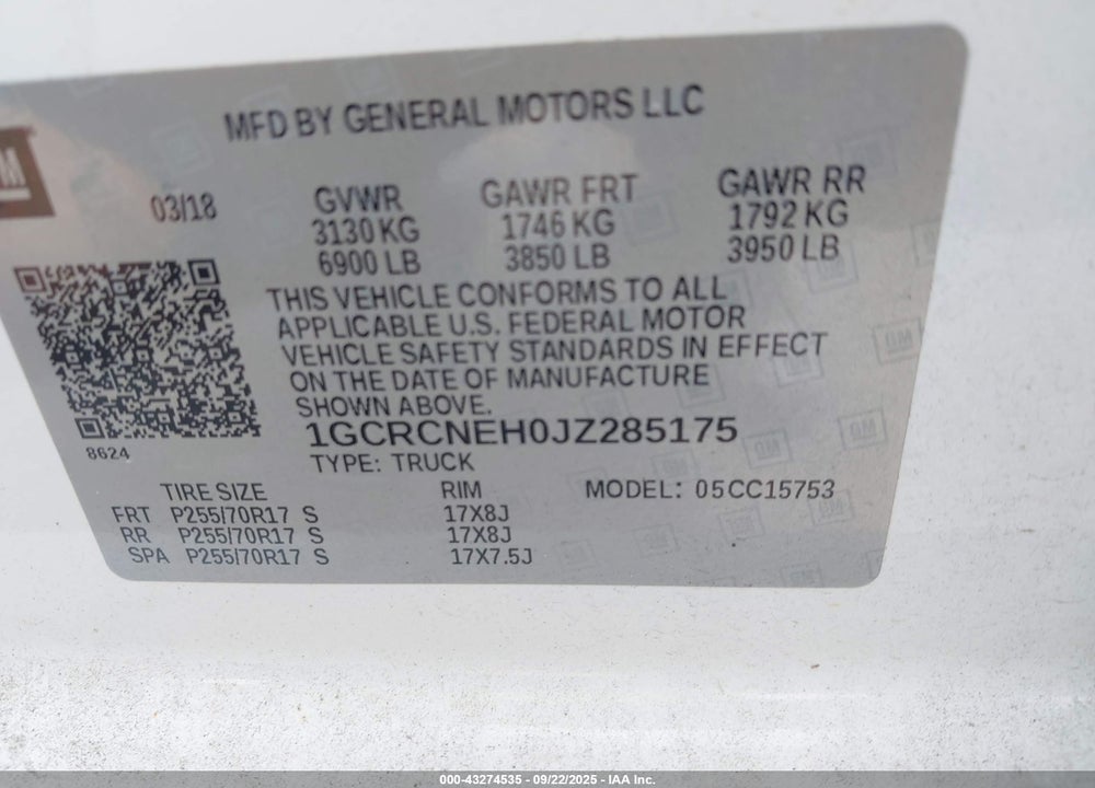 2018 CHEVROLET SILVERADO 1500 WT VIN: 1GCRCNEH0JZ285175