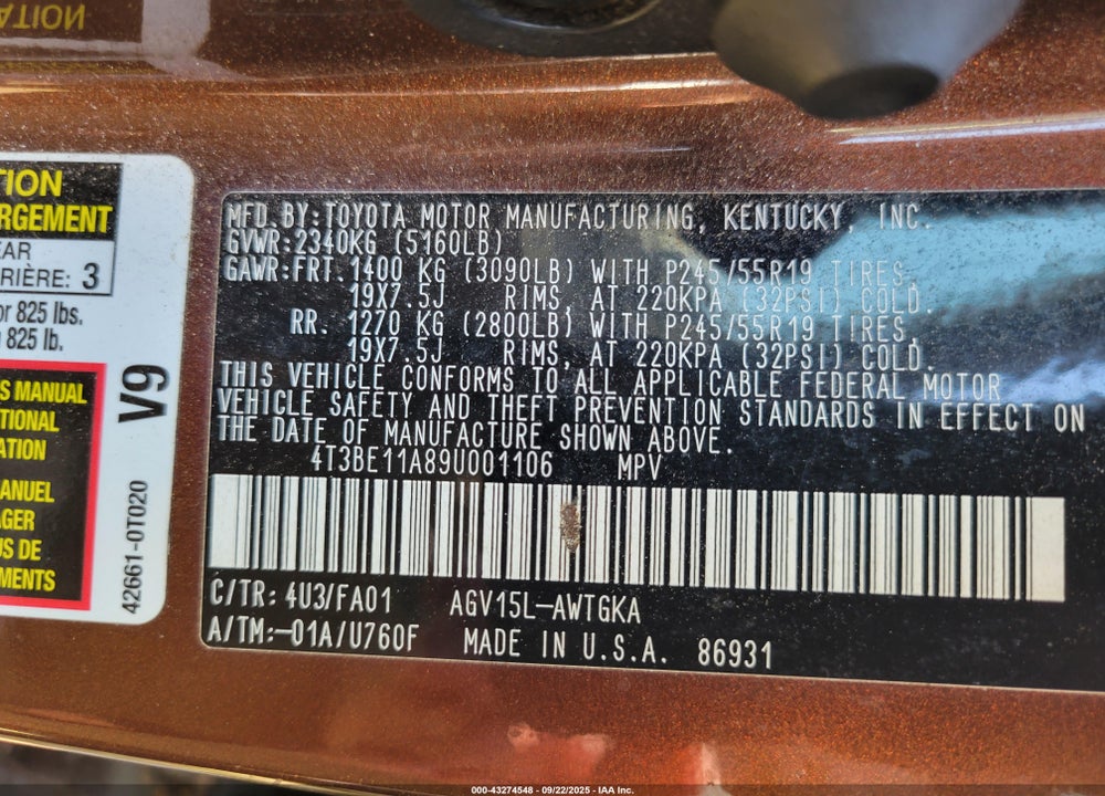 2009 TOYOTA VENZA VIN: 4T3BE11A89U001106
