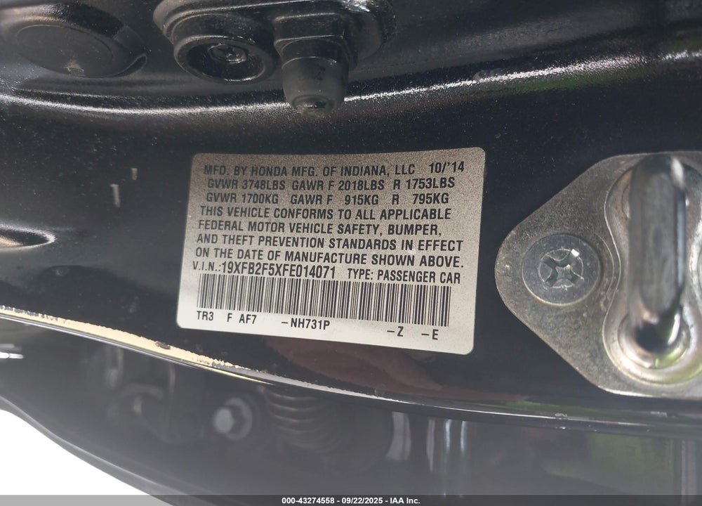 2015 HONDA CIVIC VIN: 19XFB2F5XFE014071
