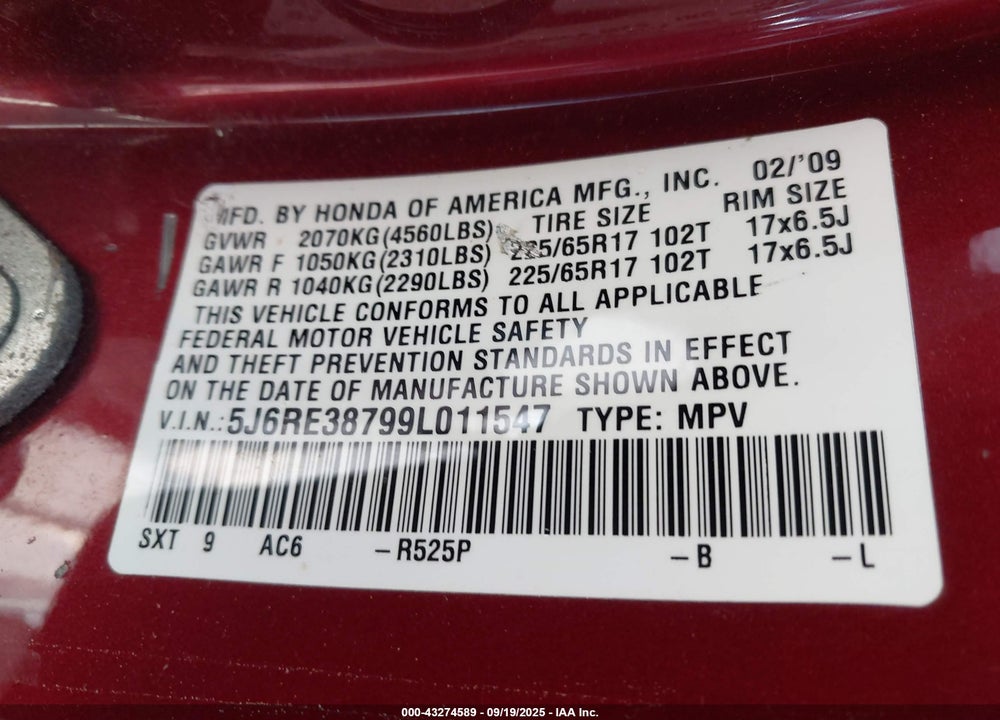 2009 HONDA CR-V VIN: 5J6RE38799L011547