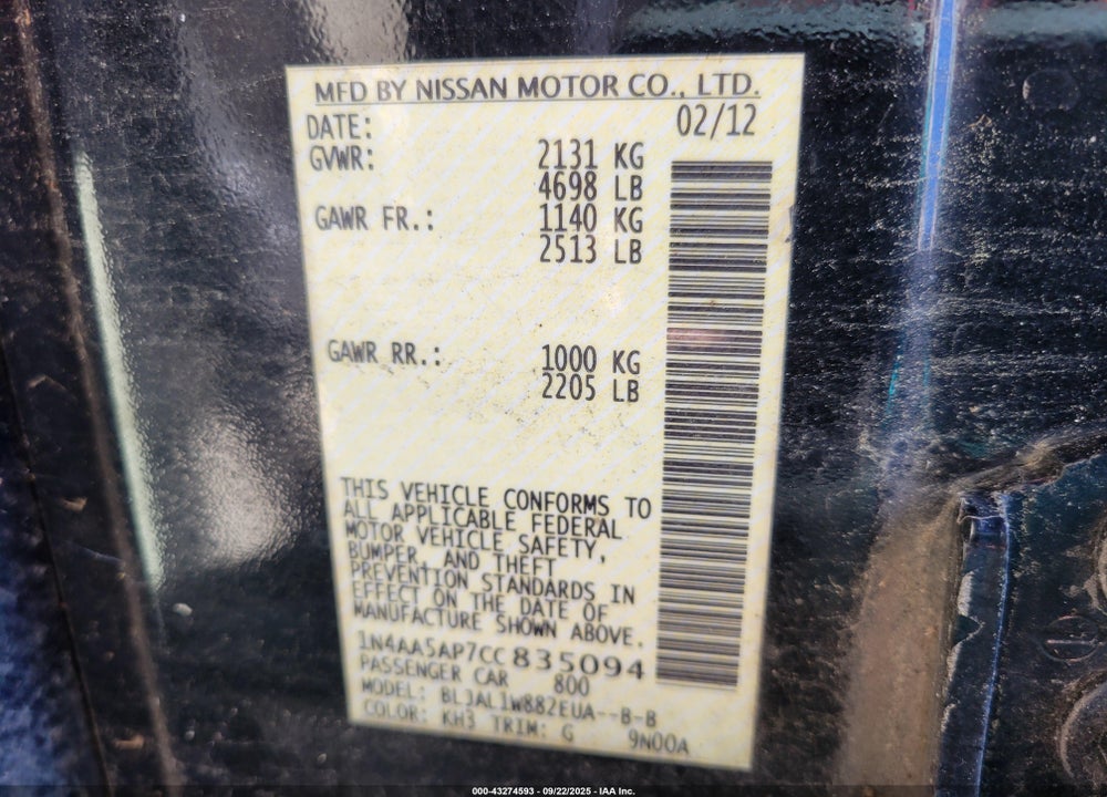 2012 NISSAN MAXIMA 3.5 SV VIN: 1N4AA5AP7CC835094
