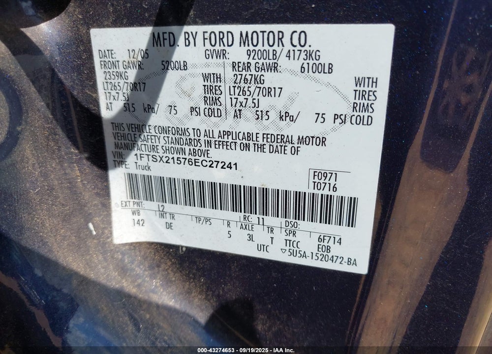 2006 FORD F-250 VIN: 1FTSX21576EC27241
