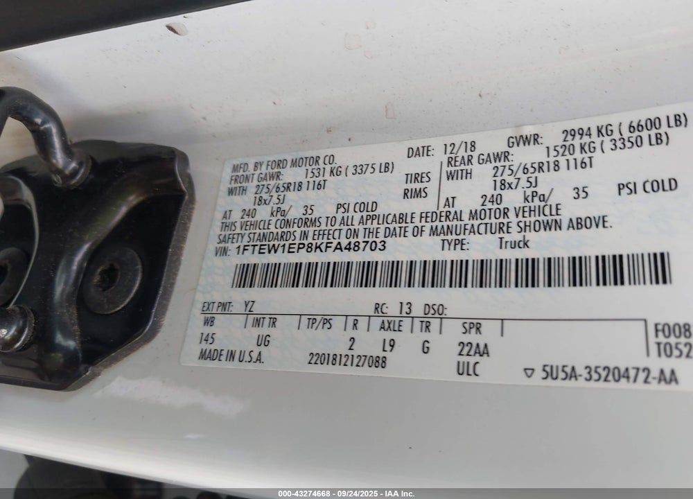 2019 FORD F-150 VIN: 1FTEW1EP8KFA48703