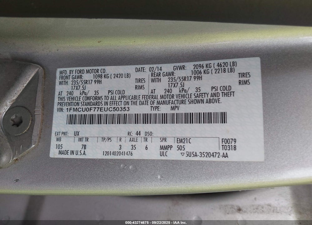 2014 FORD ESCAPE VIN: 1FMCU0F77EUC50353