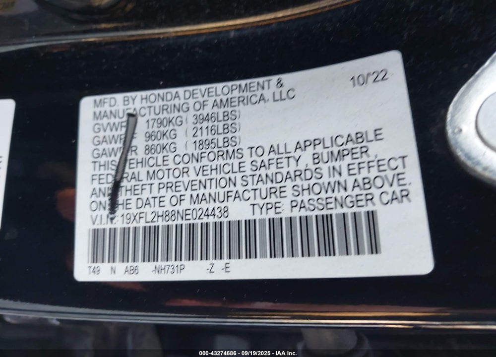 2022 HONDA CIVIC VIN: 19XFL2H88NE024438