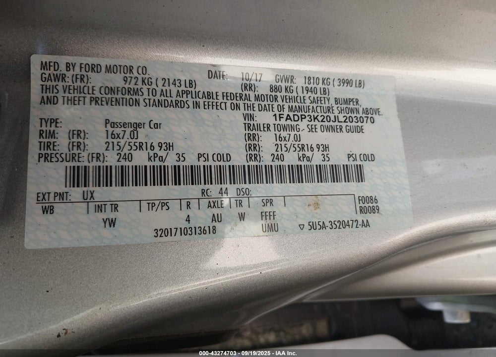 2018 FORD FOCUS SE VIN: 1FADP3K20JL203070