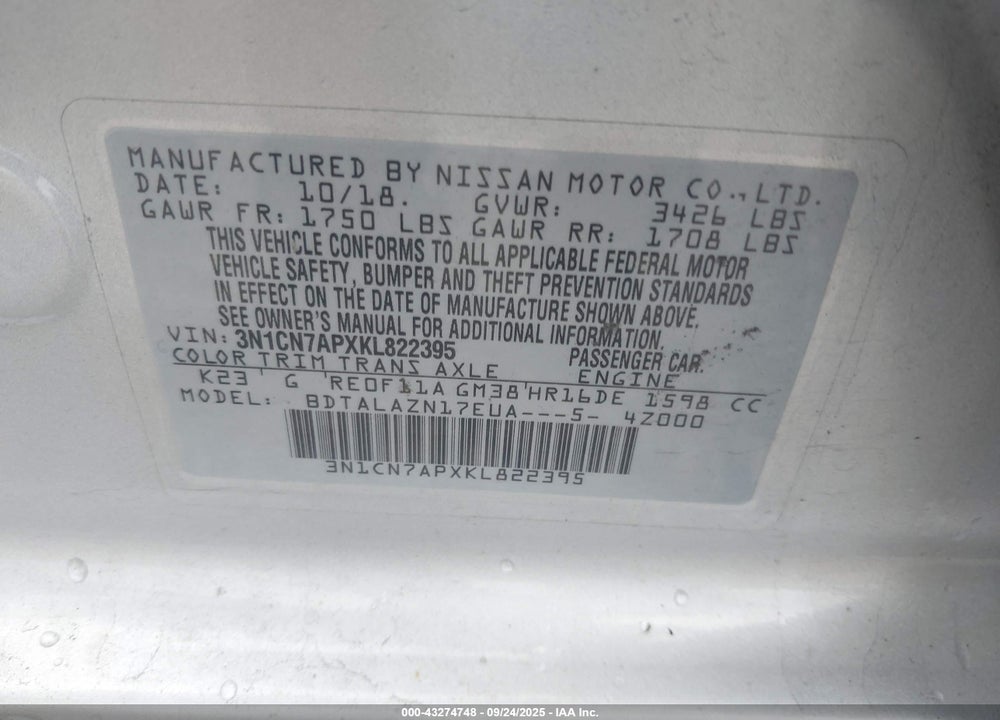 2019 NISSAN VERSA VIN: 3N1CN7APXKL822395