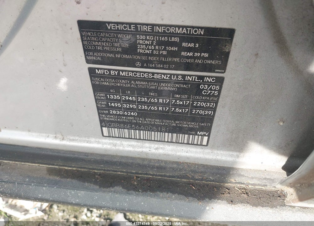 2006 MERCEDES-BENZ ML-CLASS VIN: 4JGBB86E56A005181