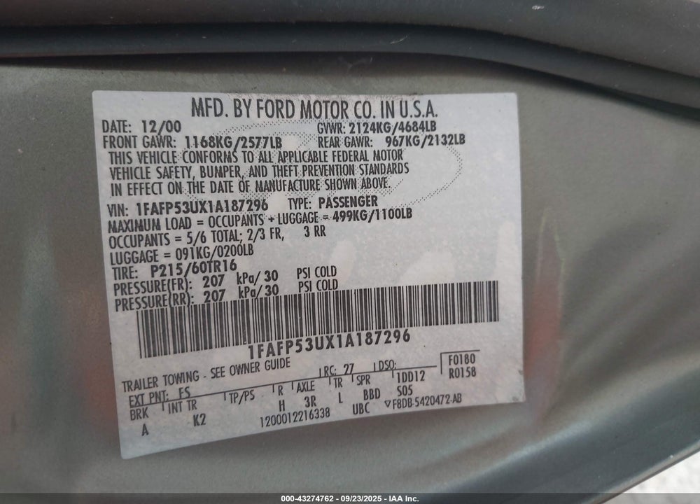 2001 FORD TAURUS SE VIN: 1FAFP53UX1A187296