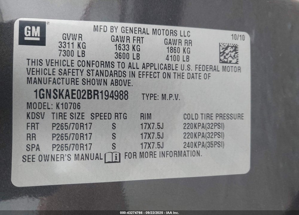 2011 CHEVROLET TAHOE VIN: 1GNSKAE02BR194988