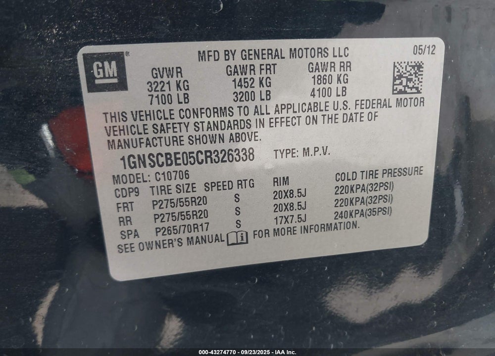 2012 CHEVROLET TAHOE VIN: 1GNSCBE05CR326338